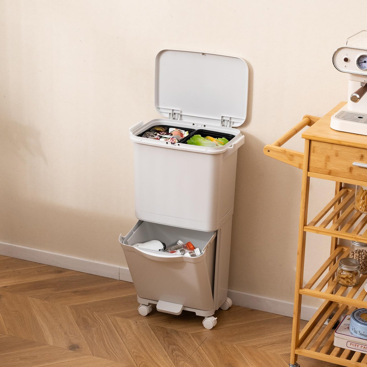 Trash Can with 2 Removable Bins and Tilting Compartment