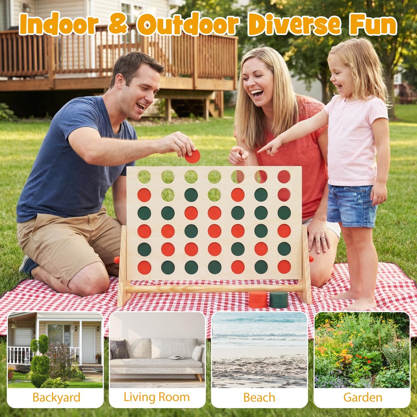 4 in a Row Game Row Connect Game with 42 Chess Pieces and Pine Wood Frame