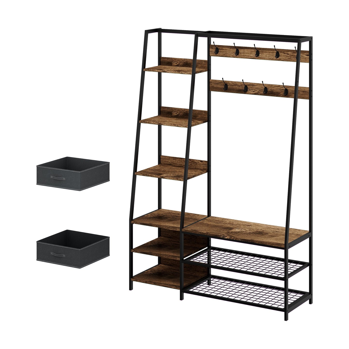 6-in-1 Freestanding Garment Coat Rack with 9 Hooks and 6 Storage Shelves