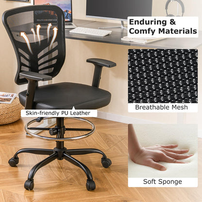 Height-adjustable Drafting Chair with Adjustable Armrests and Footrest Ring