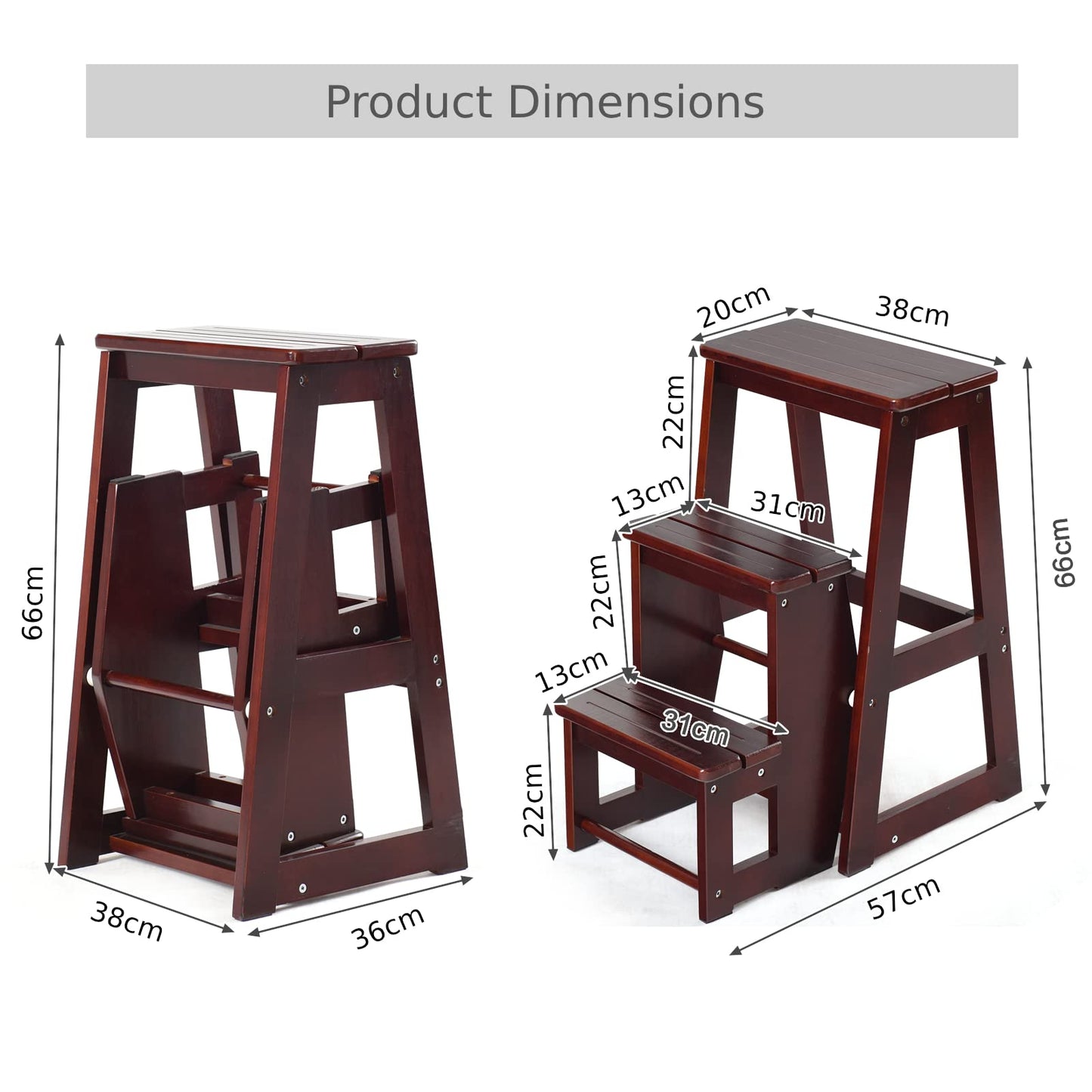 Folding 3 tier Step Stool Wooden Folding Stepladder Shelf