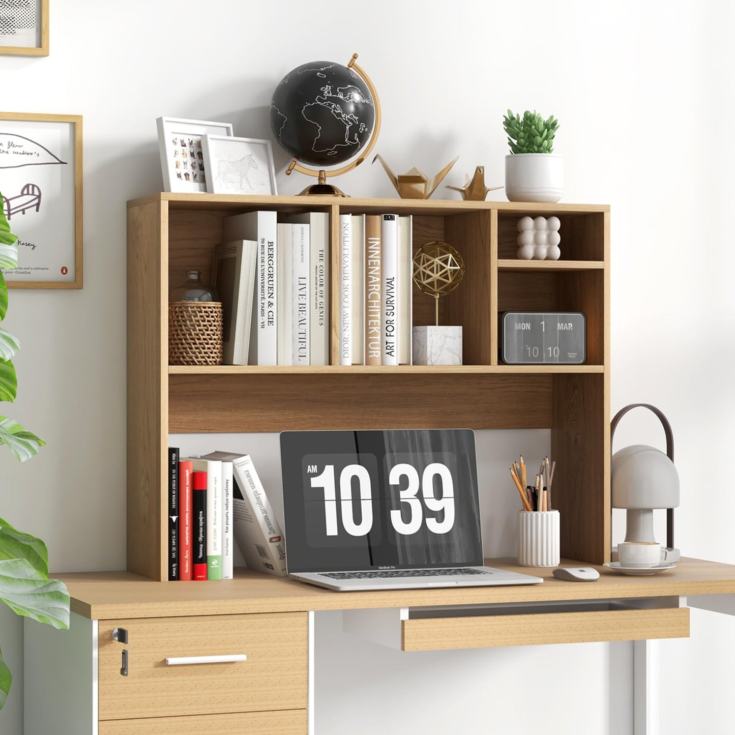 Computer Desktop Bookcase with 4 Cubbies and Open Back Compartment