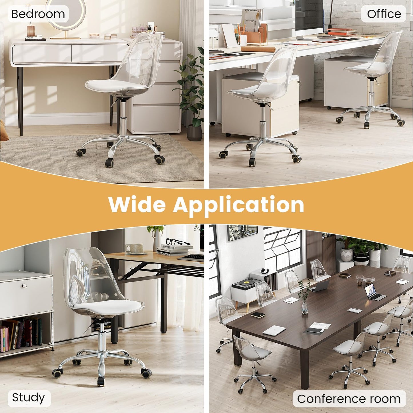 Clear Desk Chair Armless Rolling Acrylic Office Chair with Swivel Seat and PU Leather Cushion