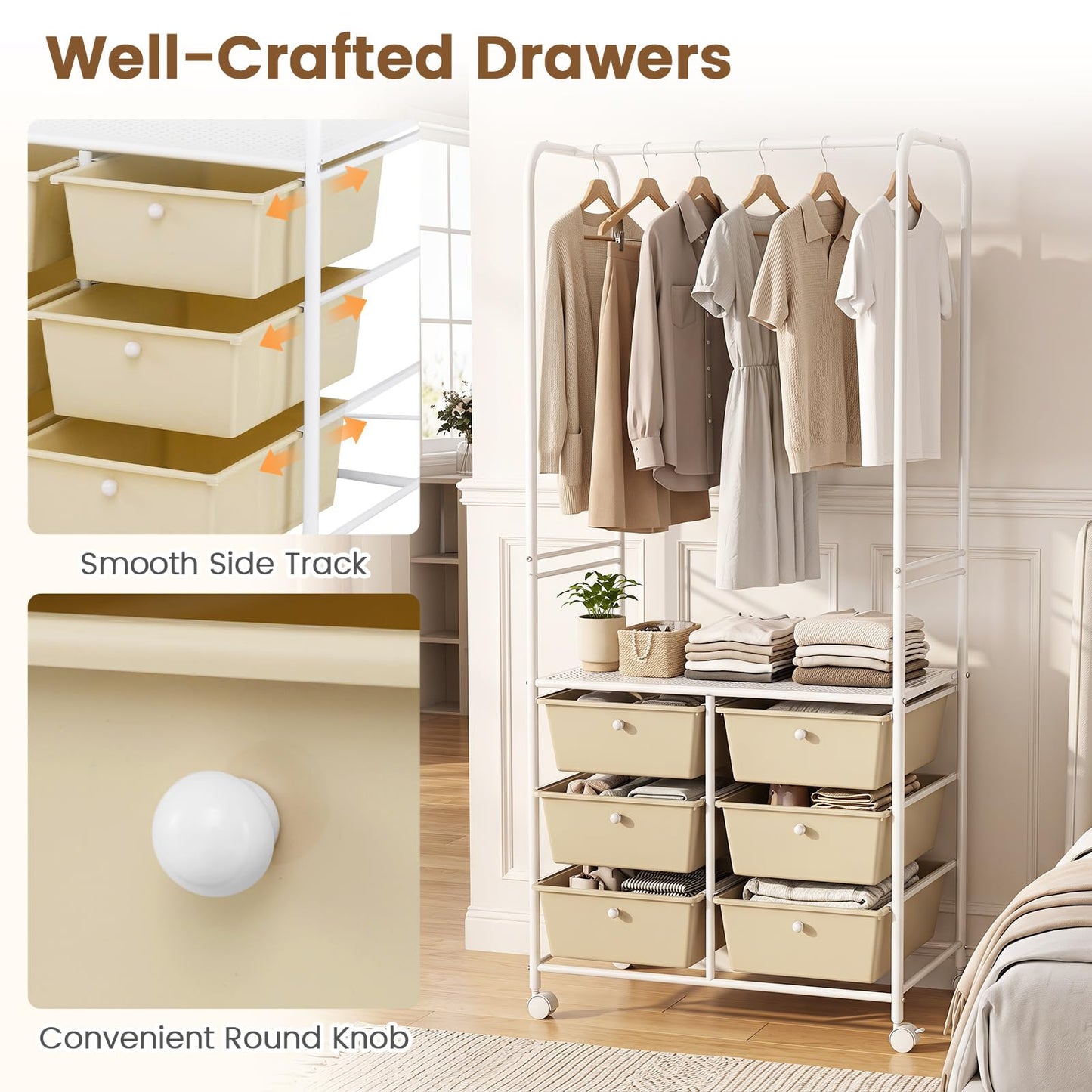 Clothes Rail on Wheels, Clothes Rack with 6 Drawers, Storage Shelf