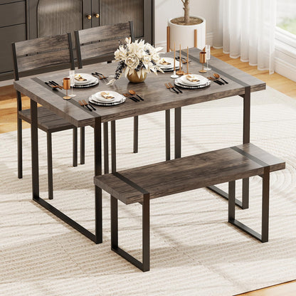 4-Piece Wooden Rectangular Dining Table Set with 1 Bench and 2 Armless Chairs for 4