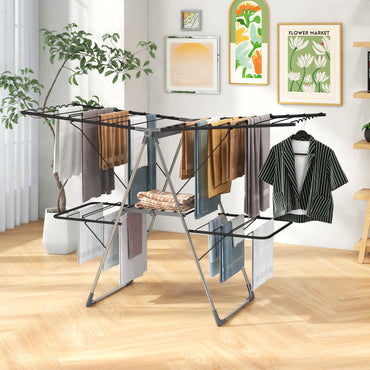 2-Level Foldable Clothes Airer Dryer Horse with Height-Adjustable Wings