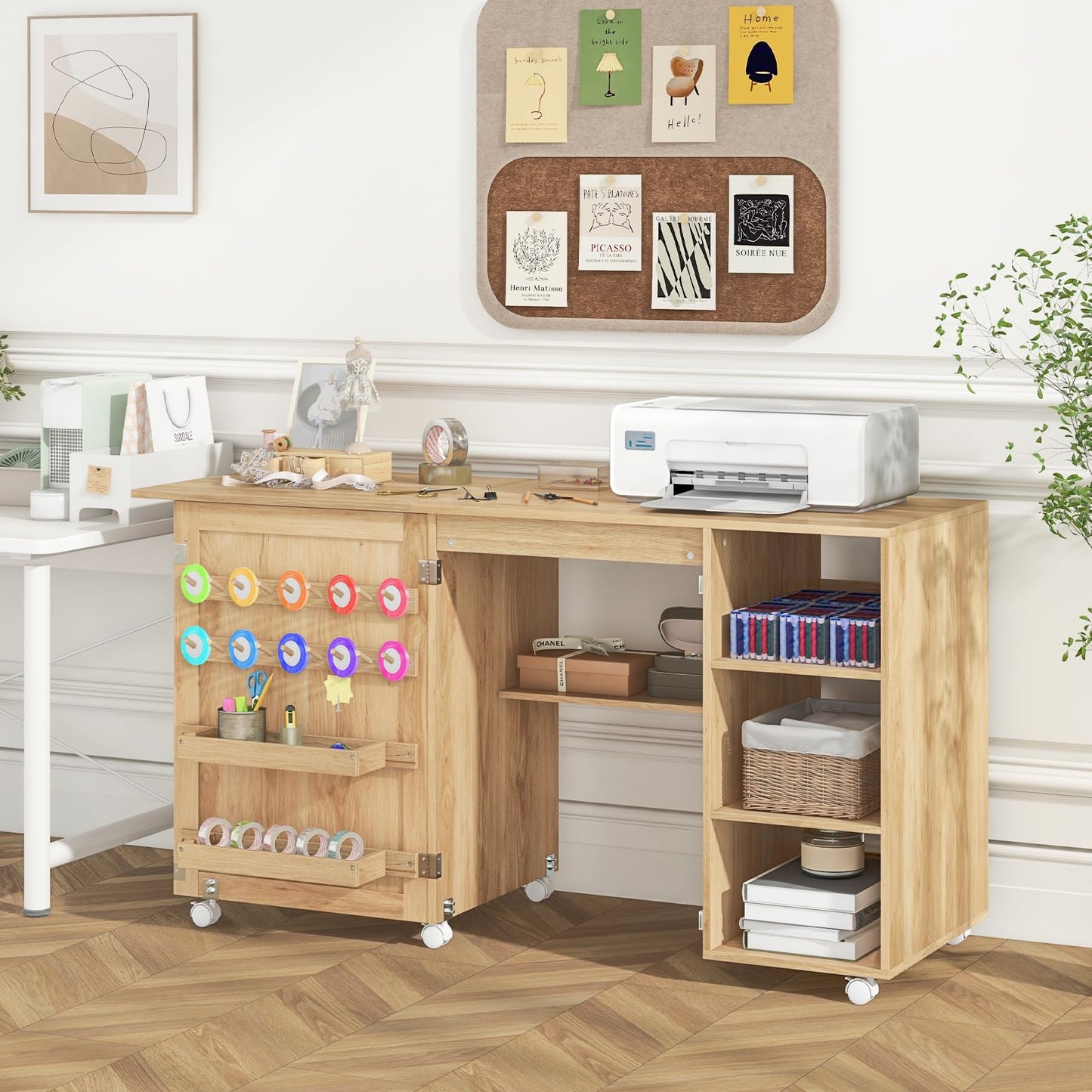 Folding Sewing Table, Mobile Craft Table with Rattan Door