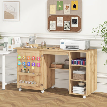 Folding Sewing Table, Mobile Craft Table with Rattan Door