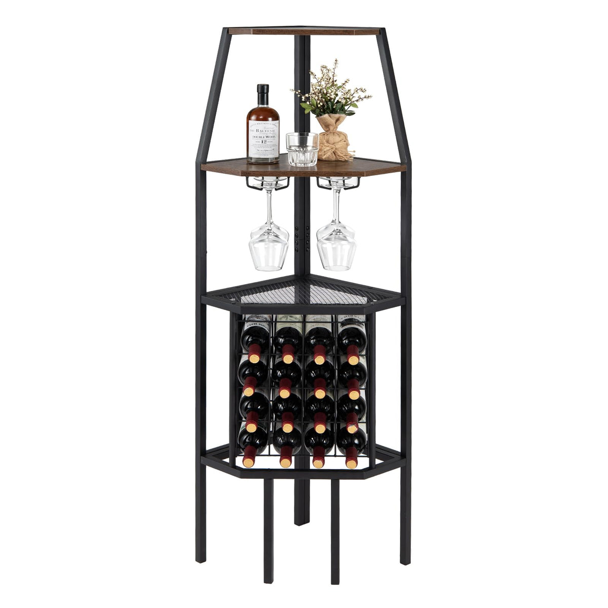 Corner Wine Rack with Glass Holder & Storage Shelves