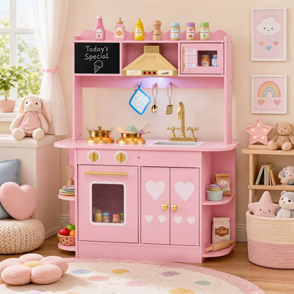 Kids Play Kitchen, Wooden Toy Kitchen with Stoves, Range Hood, Oven