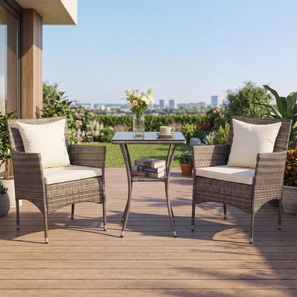 3-Piece Patio Bistro Set, PE Rattan Furniture Set with 2 Cushioned Chairs and Tempered Glass Table