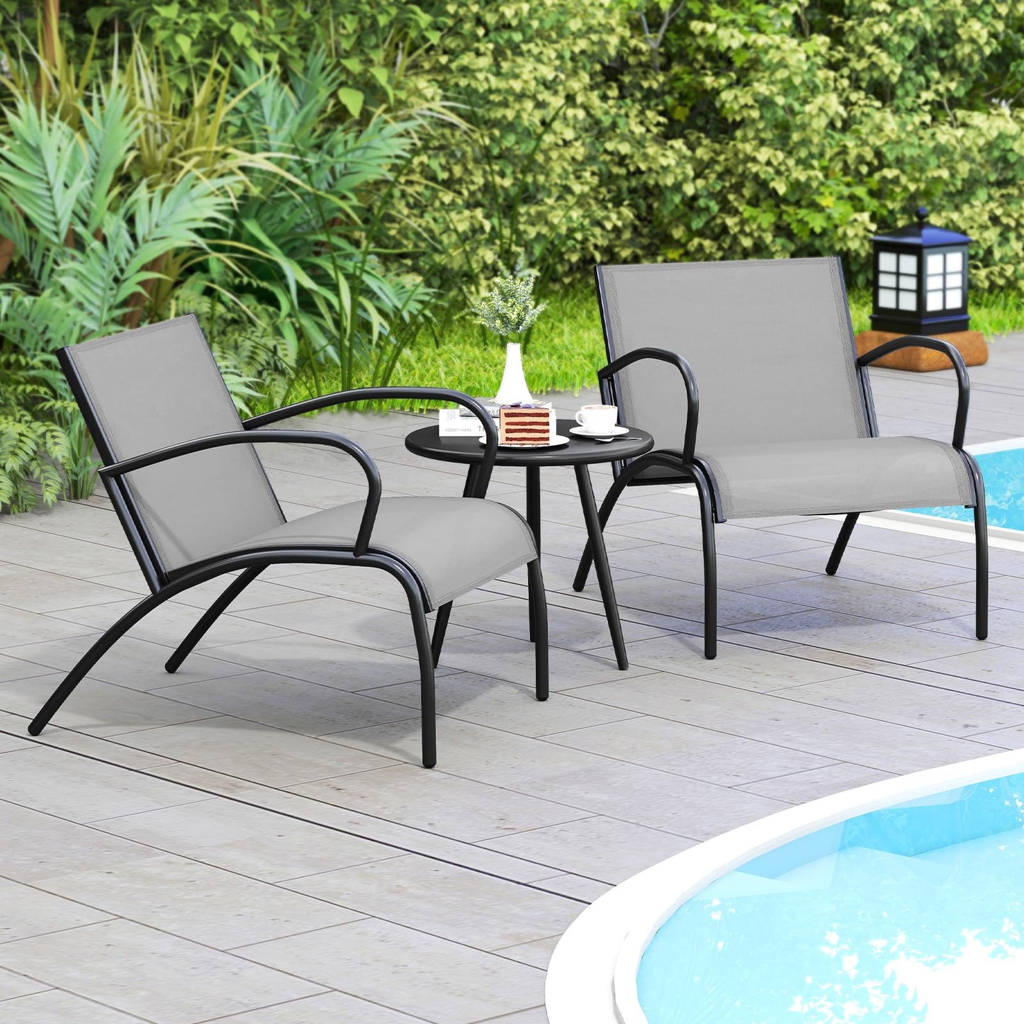 3 Piece Patio Chair Set Metal Aluminum Wide Armchair and Table Set