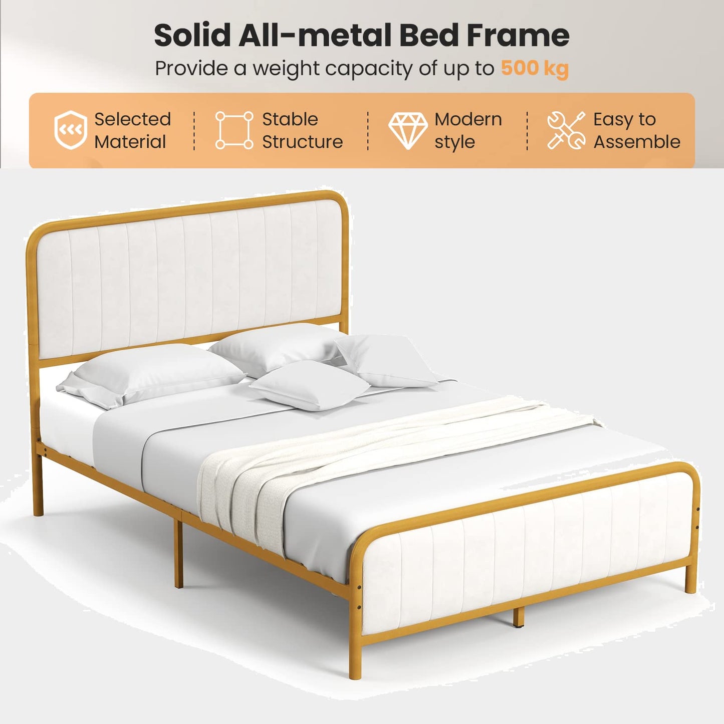 Upholstered Full Size Bed Frame, Double Metal Platform Bed with Velvet Headboard
