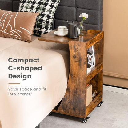 C-Shaped Side Table with Storage Shelf for Bedroom and Living Room