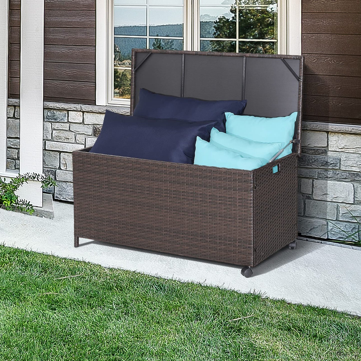 190L Weatherproof Garden Storage Box with Zippered Liner & Pneumatic Rod