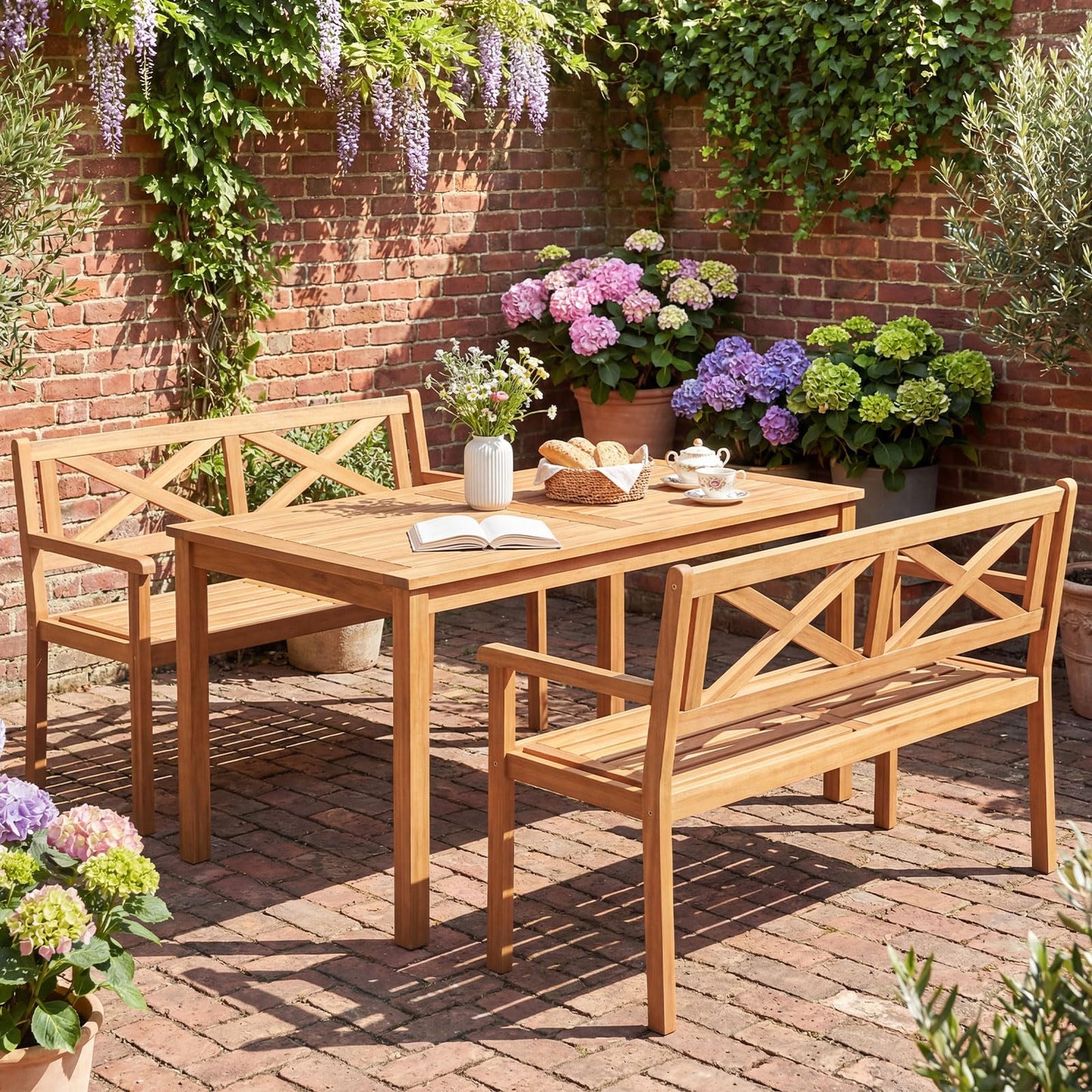 Outdoor Loveseat Bench 2-Person Patio Acacia Wood Garden Chair with Armrests