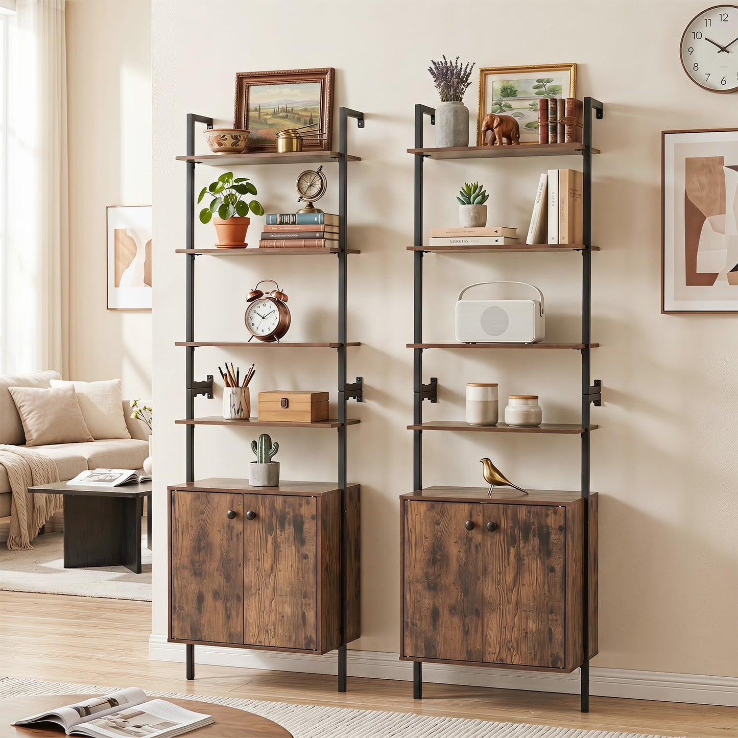 7-Tier Ladder Bookshelf with 2-Door Cabinet and 4 Shelves