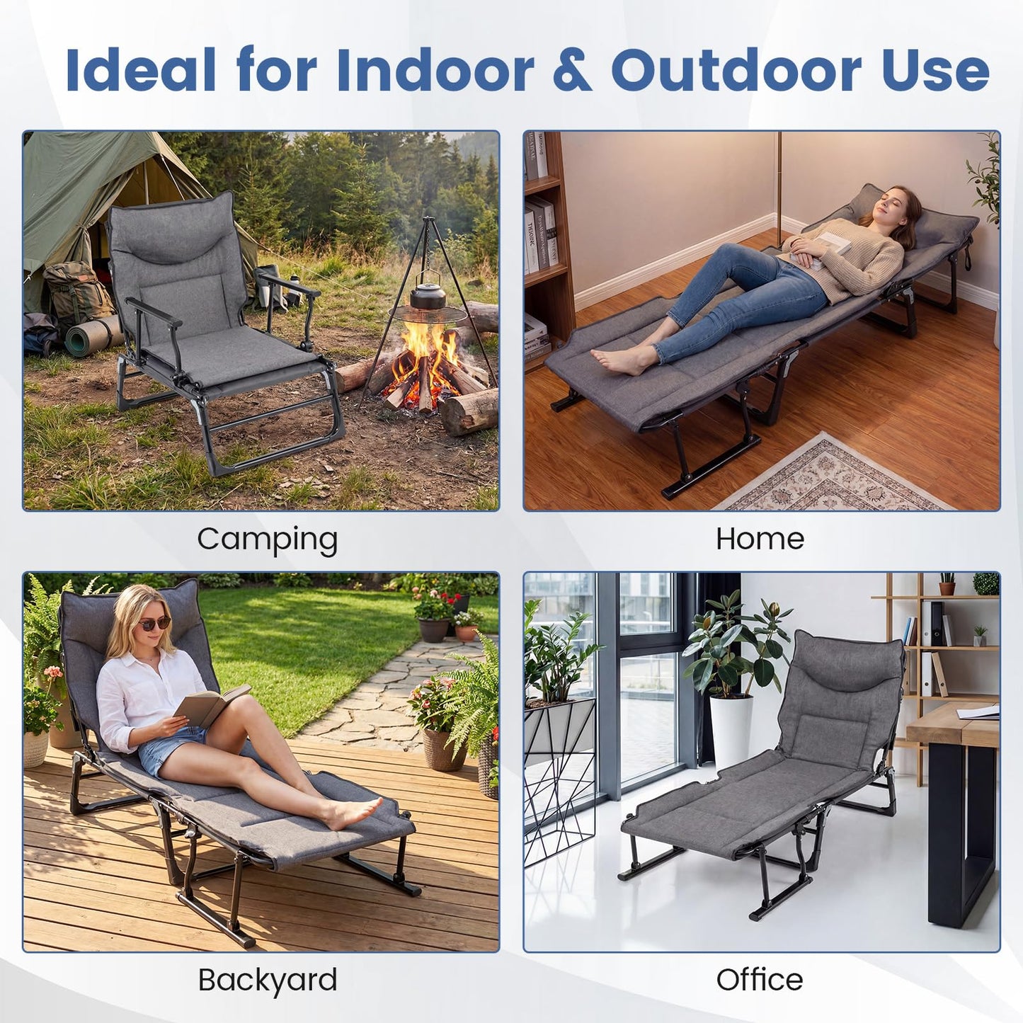 3-in-1 Folding Camping Cot Convertible Heavy Duty Metal with Adjustable Backrest
