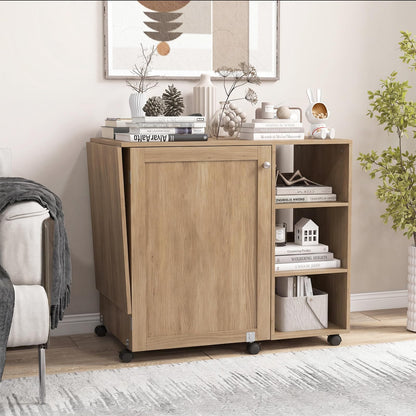 Folding Sewing Table, Rolling Craft Table Hobby Desk with Storage Shelves