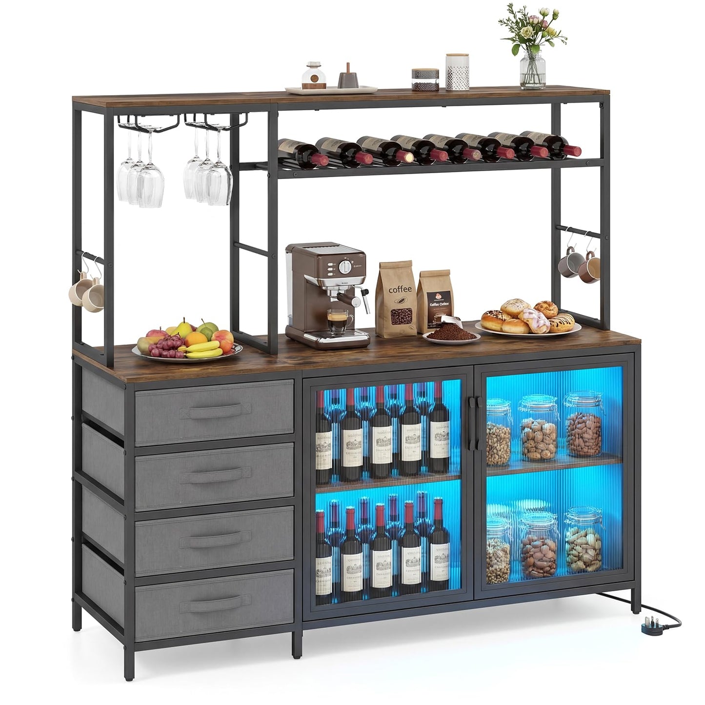 Buffet Sideboard with RGB LED Lights & Power Outlets, Wooden Storage Cabinet