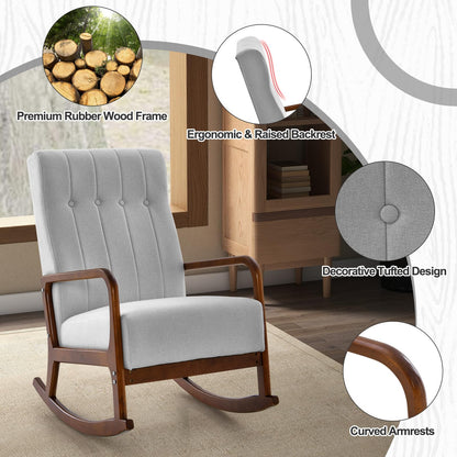 Upholstered Fabric Rocker with Solid Rubber Wood Frame and Padded Cushion