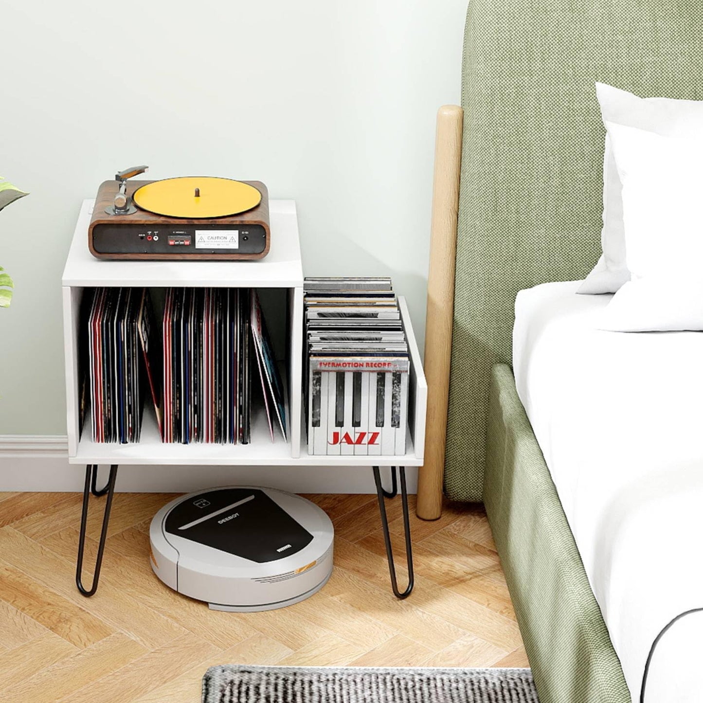 Record Player Stand with Power Outlet and Removable Dividers