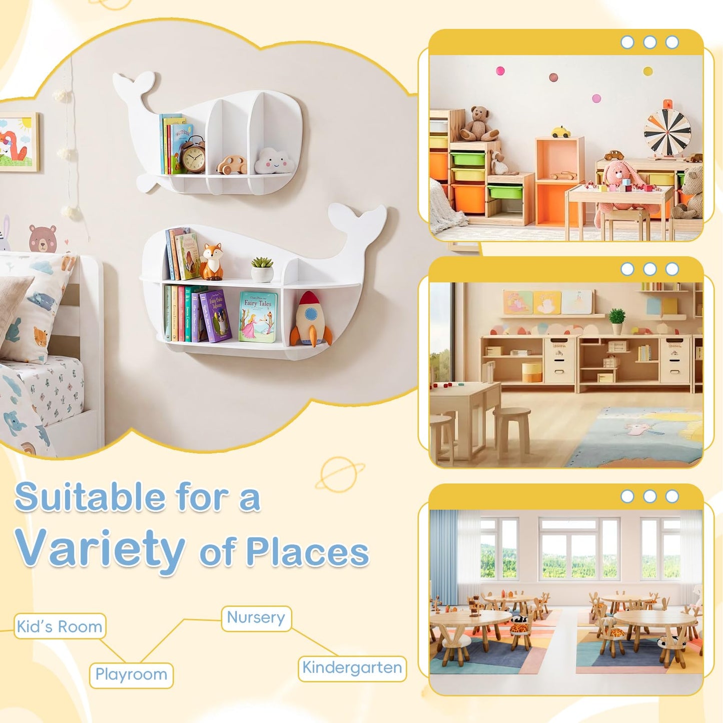 2 Pieces Whale Floating Shelves, Wall Mounted Kids Bookshelf