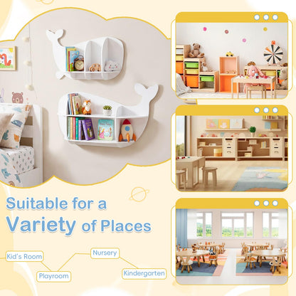 2 Pieces Whale Floating Shelves, Wall Mounted Kids Bookshelf