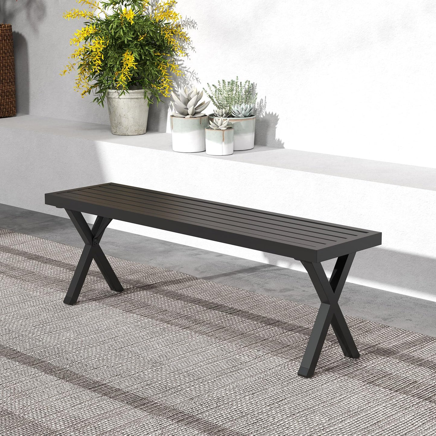 138cm Extra Long Metal Patio Loveseat with Slatted Seat & X Legs