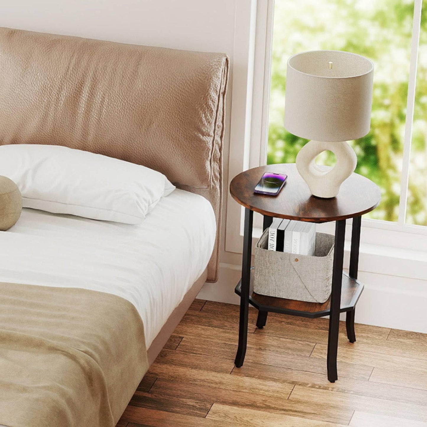 Round Side 2-Tier End Table with Storage Shelf