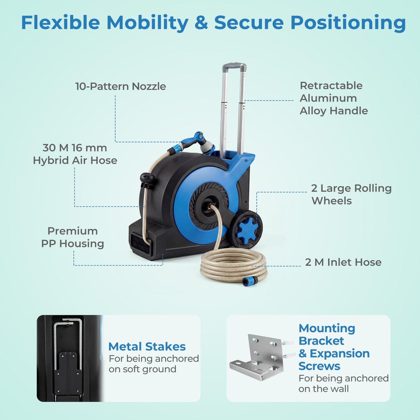 Retractable Hose Reel 30+2M, 10 in 1 Nozzle Floor