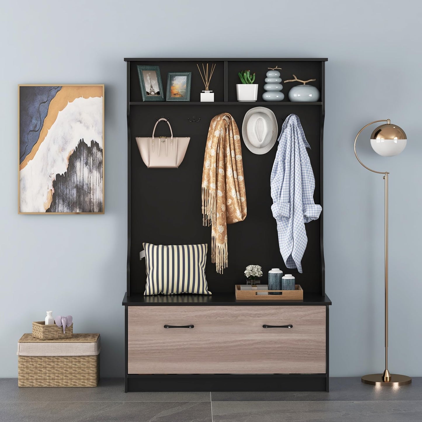 Coat Rack with Shoe Storage Freestanding Hall Tree Coat Stand with 5 Double Hooks