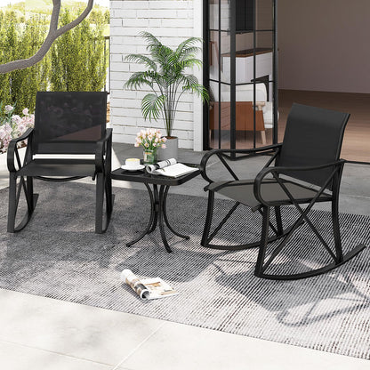 3-Piece Patio Metal Frame Rocking Bistro Set with Tempered Glass-Top Side Table