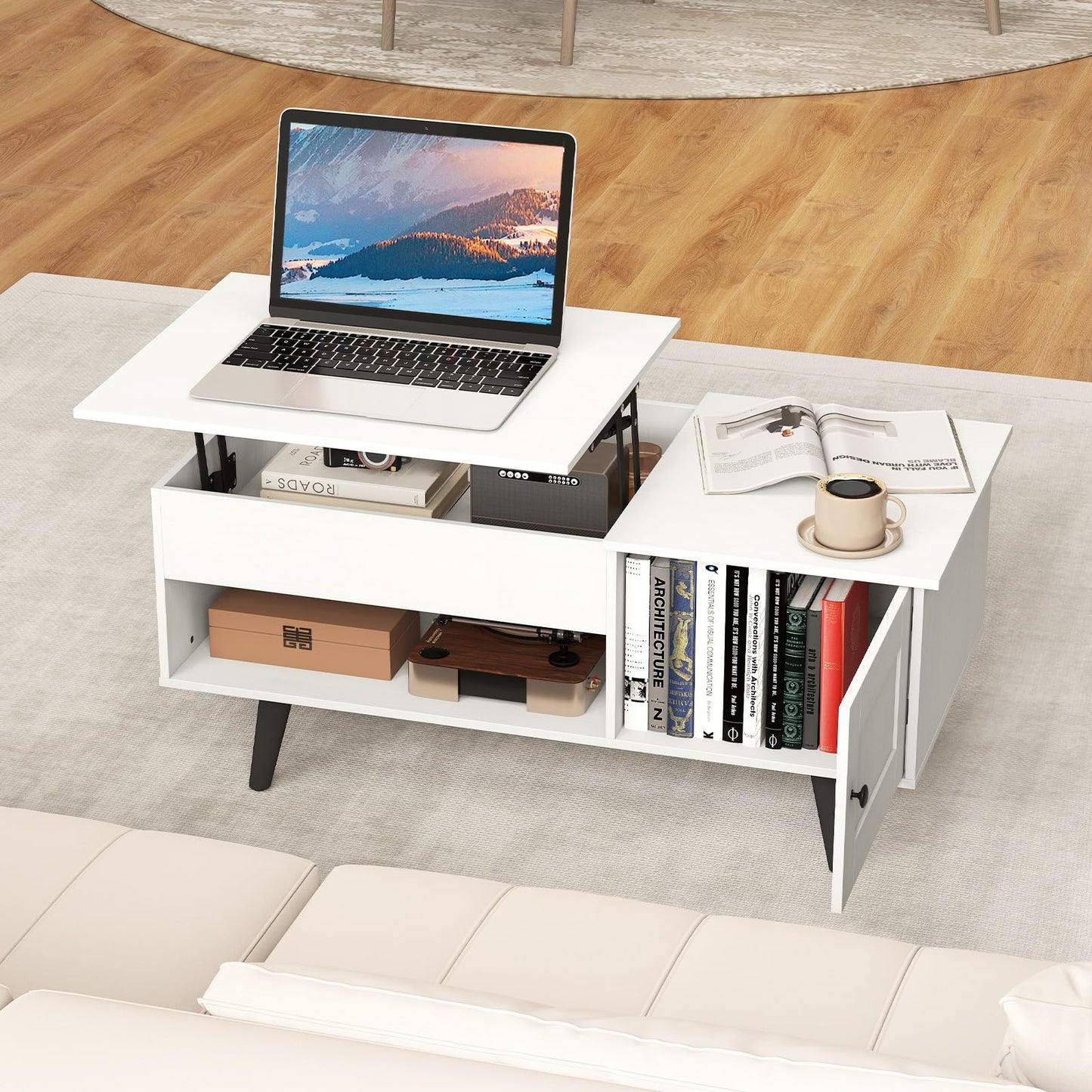 Wooden Lift Up Top Coffee Table with Hidden Storage Compartment