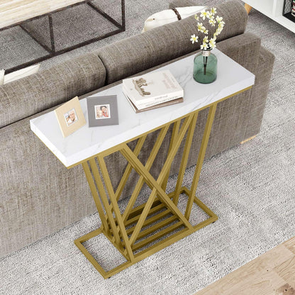 Gold Console Table Modern Sofa Table with Faux Marble Rectangular Tabletop