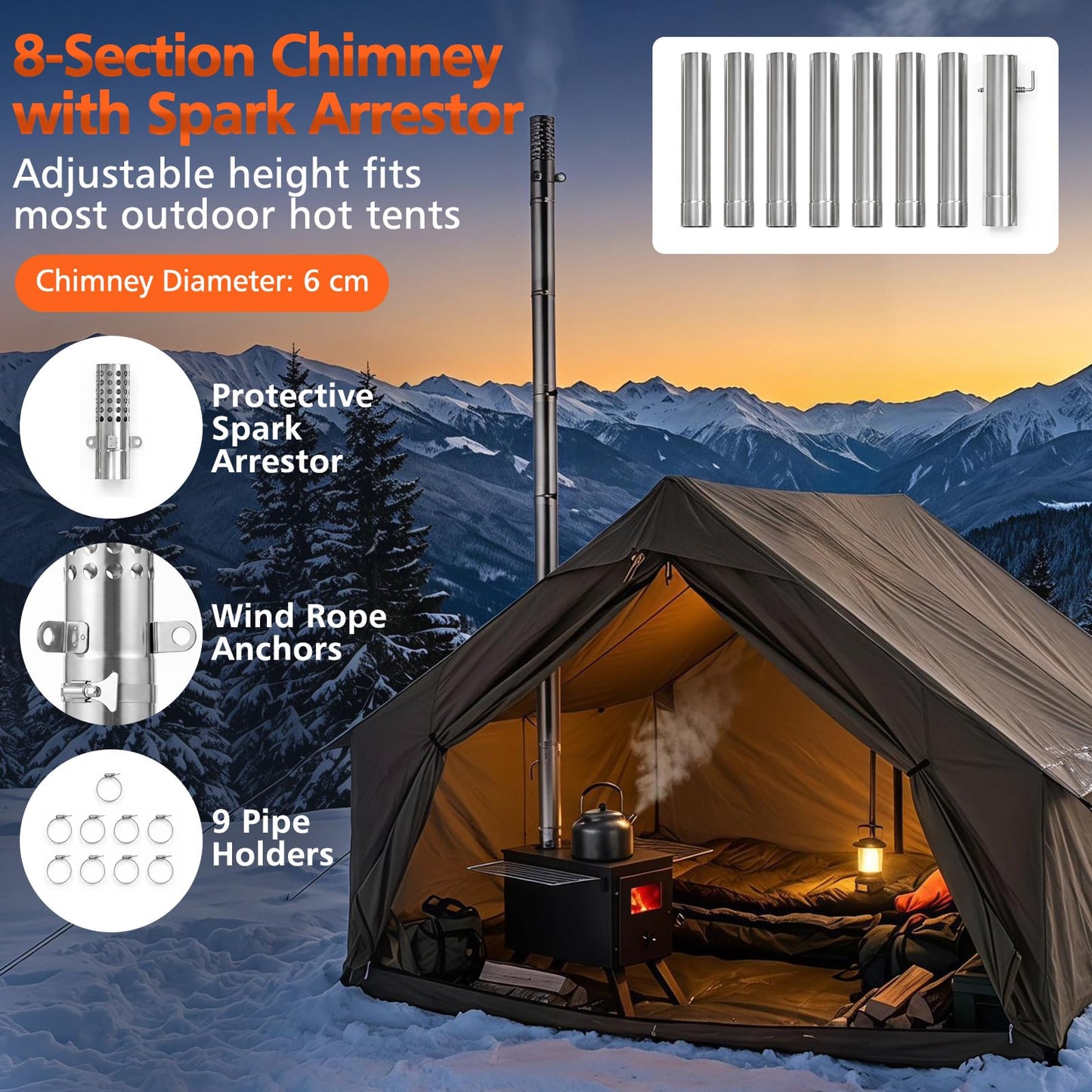 Hot Tent Stove, Camping Tent Stove (Black, 61 x 47 x 257cm) | Stainless Steel Wood Burning Stove