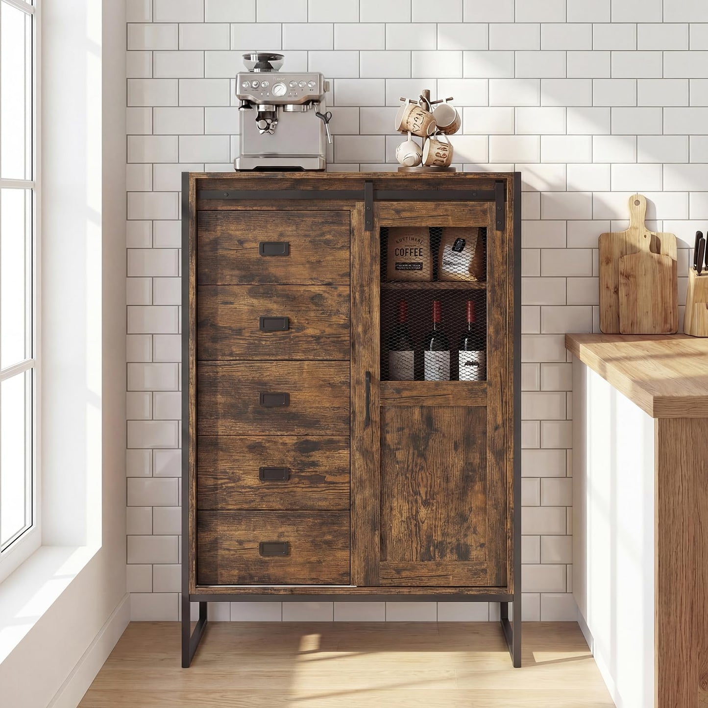 Storage Cabinet with Sliding Door & 5 Drawers
