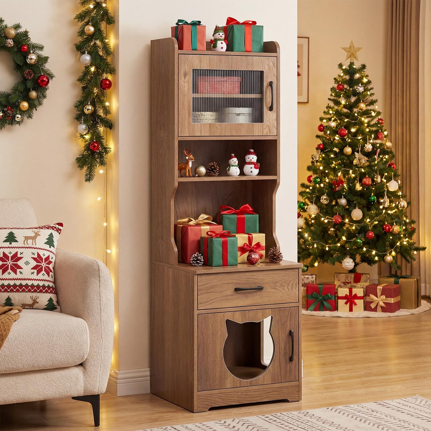 152 cm Tall Cat Litter Box Enclosure with Adjustable LED Light
