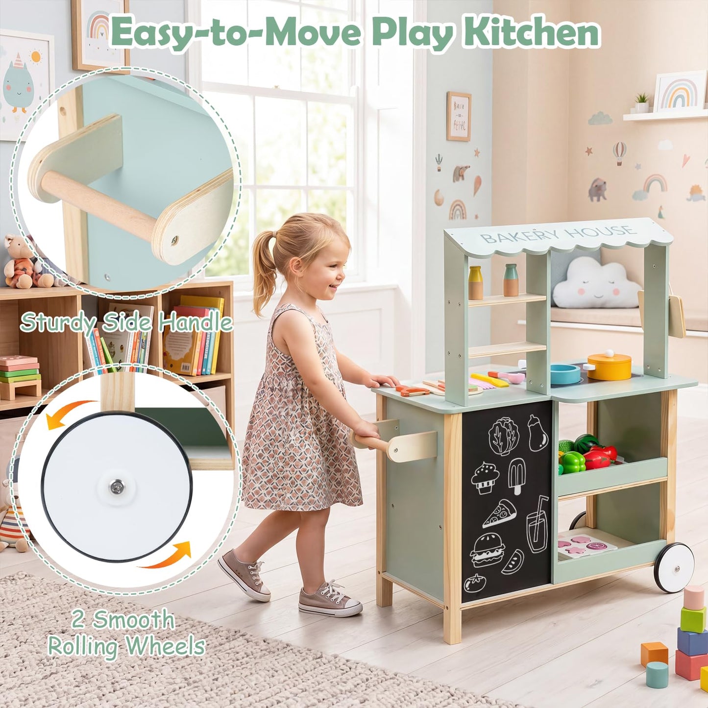 Kids Play Kitchen, Wooden Toy Kitchen with Stoves, Oven, Chalkboard