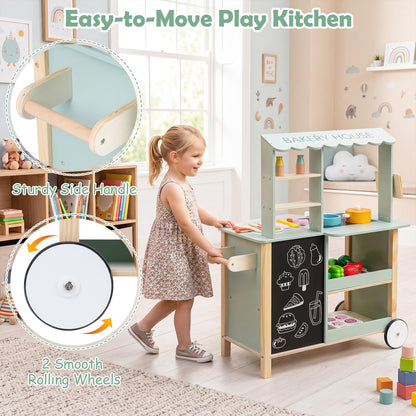 Kids Play Kitchen, Wooden Toy Kitchen with Stoves, Oven, Chalkboard