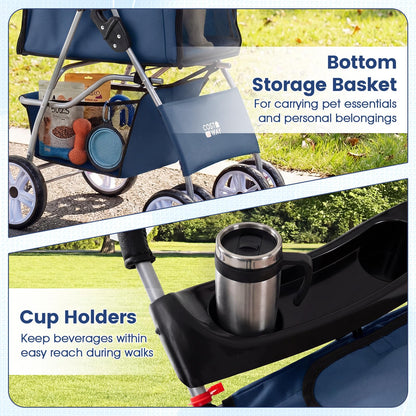 Pet Stroller, 4 Wheels Foldable Dog Pushchair Cat Pram with Adjustable Canopy