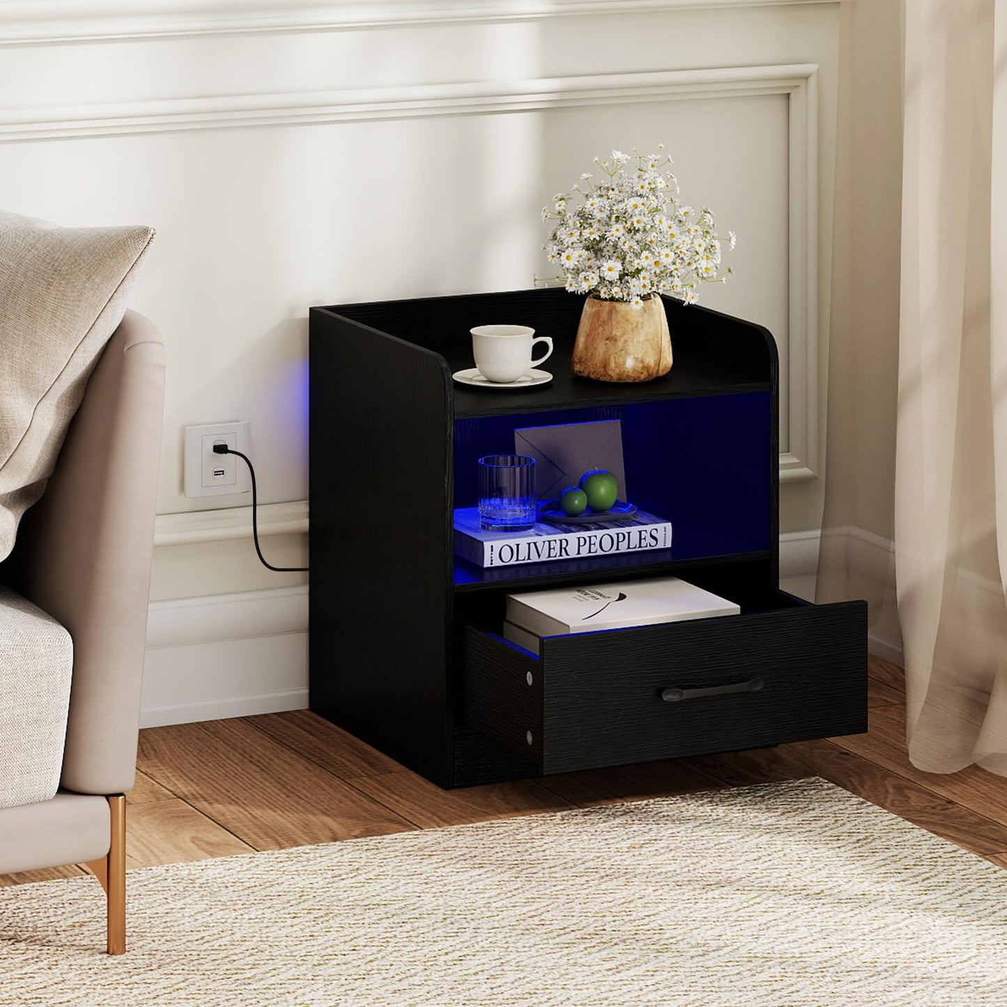 Modern Nightstand with Drawer and Open Shelf for Living Room and Bedroom