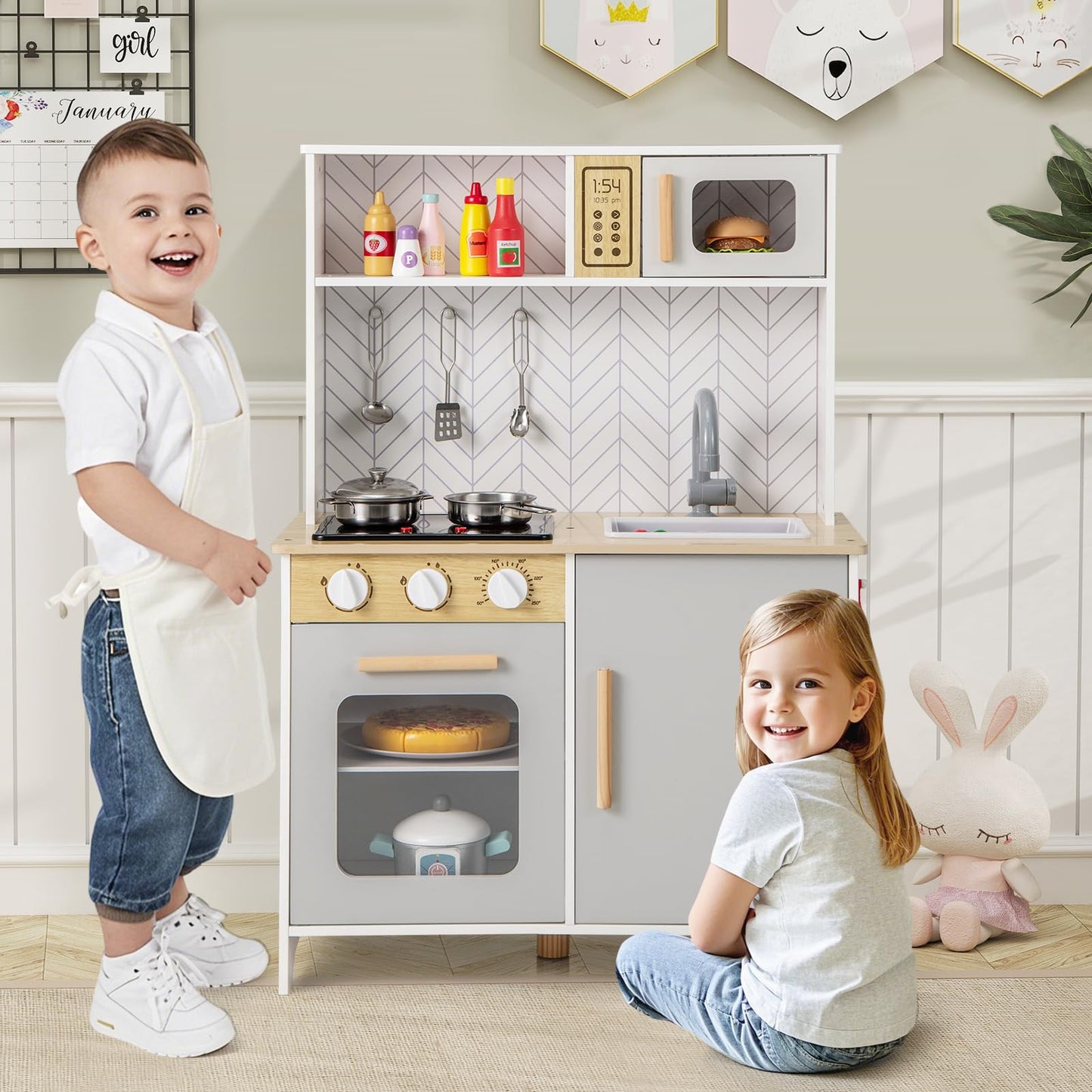 Kids Kitchen Playset with Lights and Sounds Stove Oven Sink Faucet Microwave