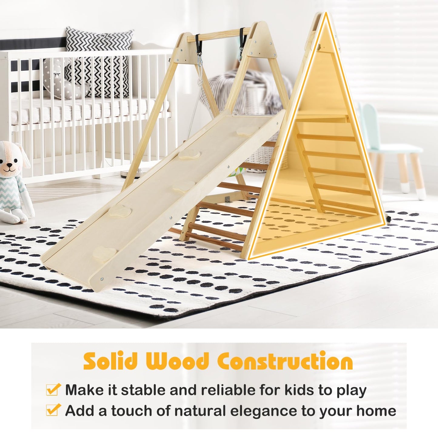 Kids Climbing Frame, Wooden Children Climber Playset with Swing, Ladder