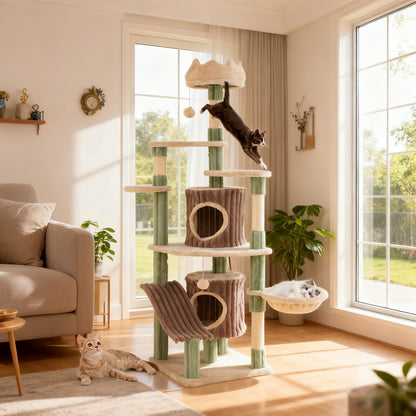 Cat Tree, 163cm Tall Modern Cats Tower with Plush Perch, 2 Condos, Basket Bed