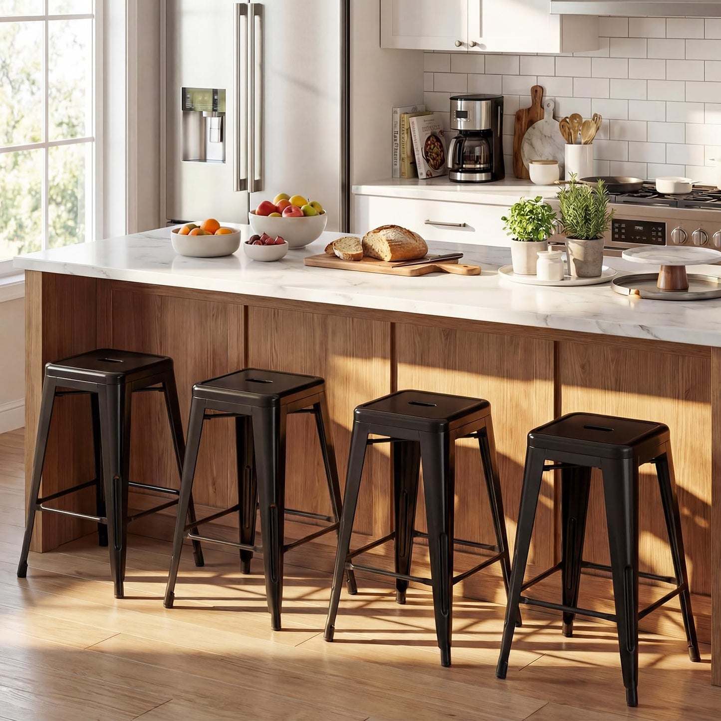 62 cm Metal Bar Stools Set of 4 with Backrests and Footrests