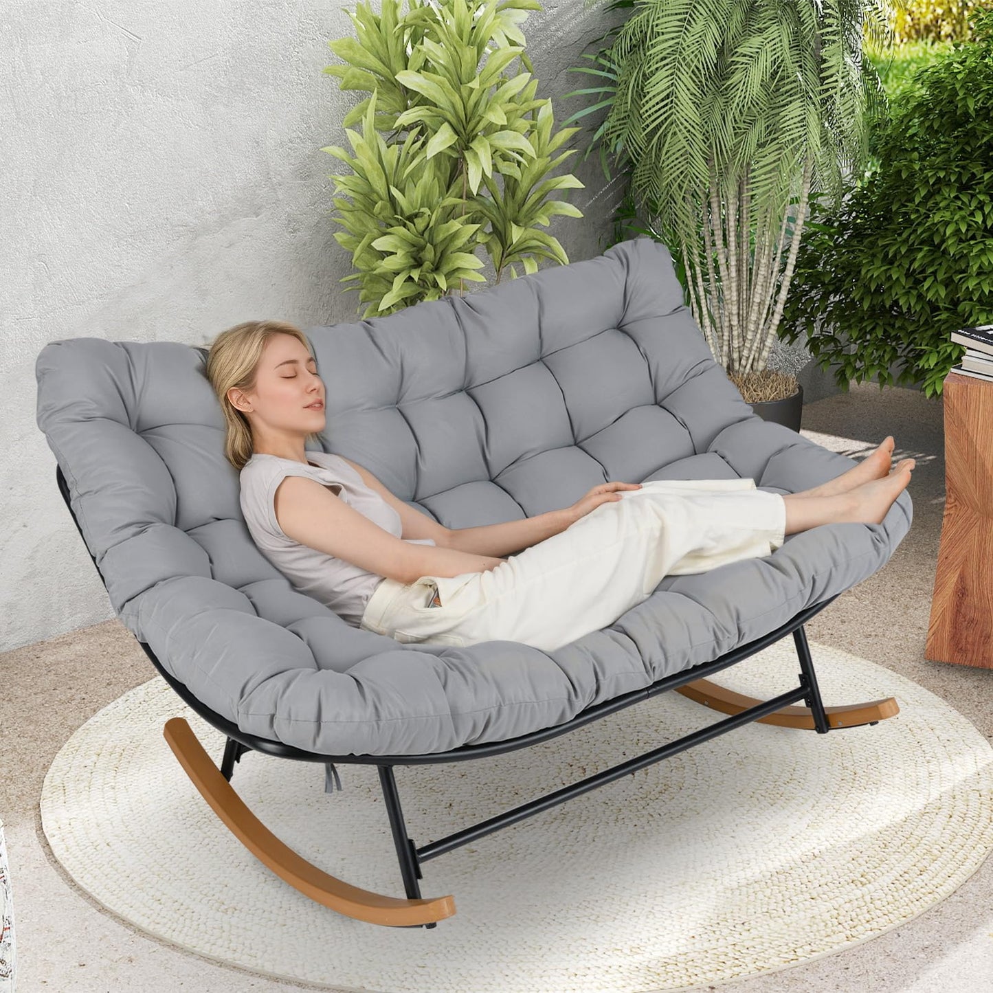 Outdoor Rocking Chair, Oversized Patio Wicker Egg Chair