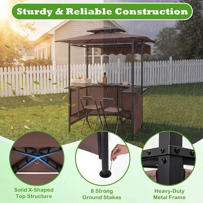 3-Piece Patio Bar Set and Outdoor BBQ Canopy with Bar Table and 2 Folding Bar Stools for Backyard