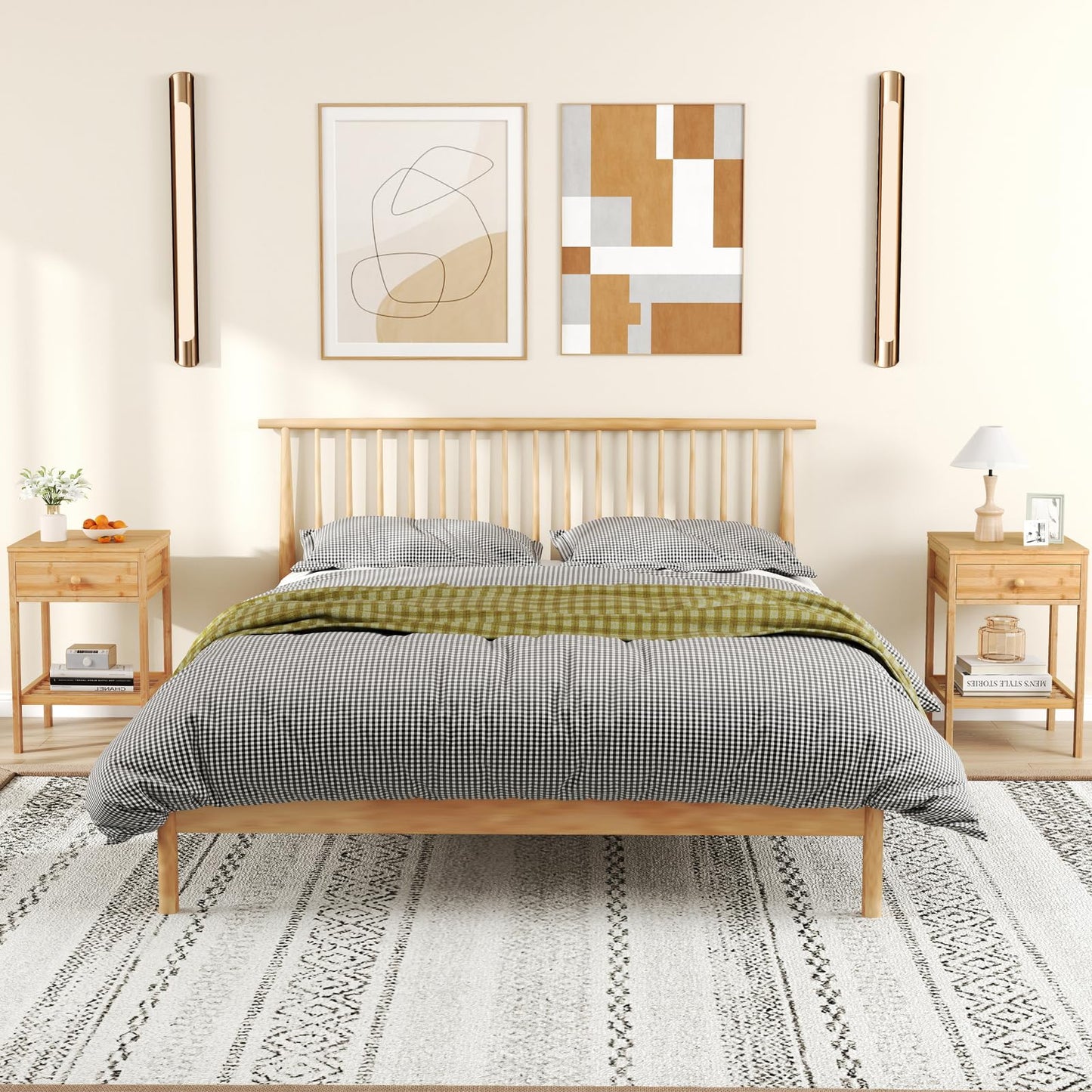 Bamboo Nightstand Sofa Side End Table with Drawer and Open Storage Shelf