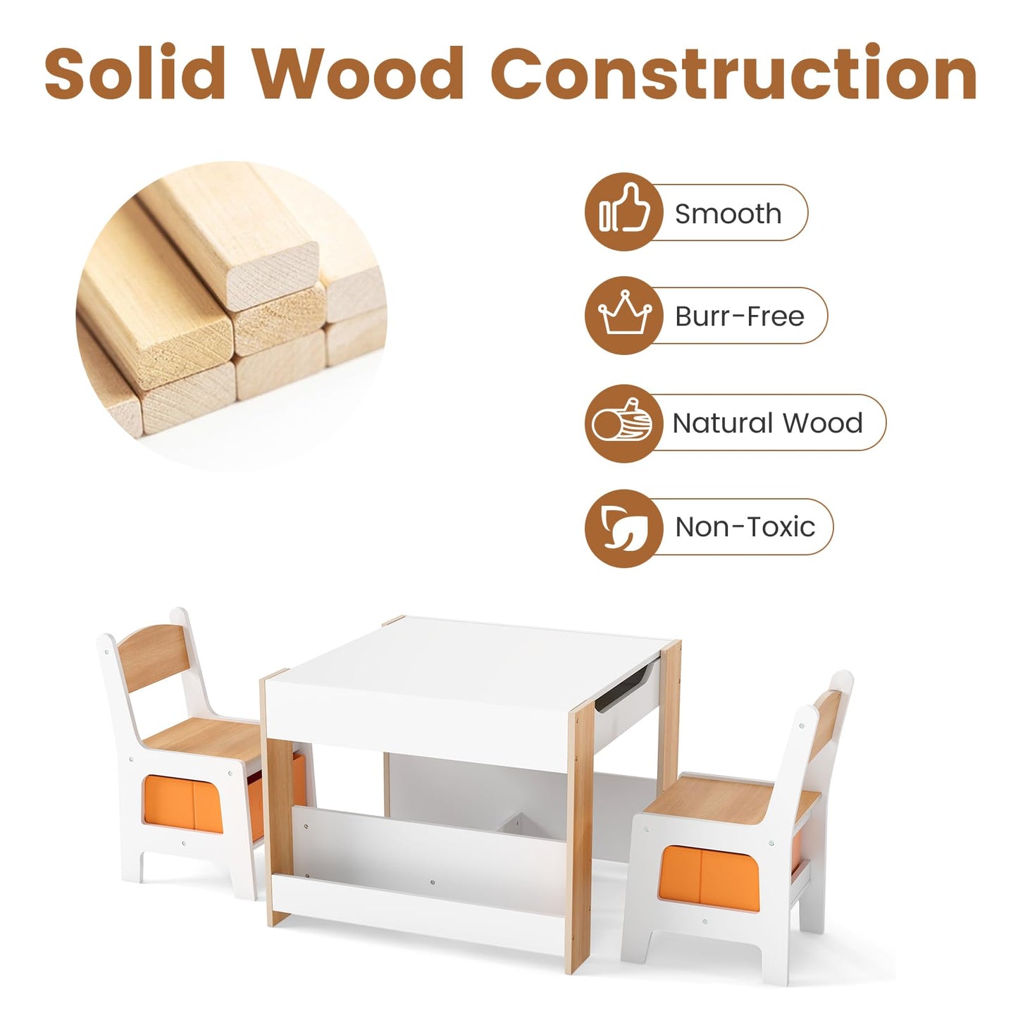 Kids Table and 2 Chairs Set Multifunctional Activity Table with Reversible Tabletop